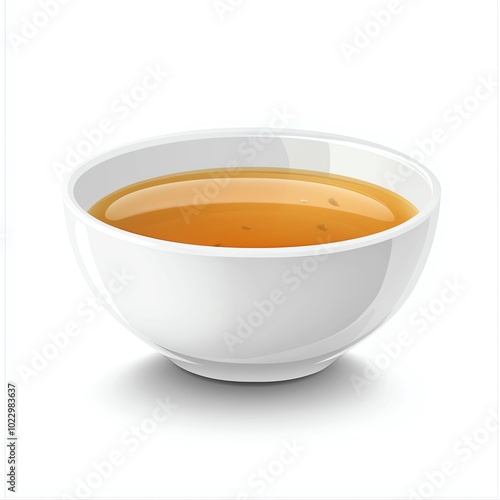 A white bowl filled with warm, flavorful tea on a clean white background.