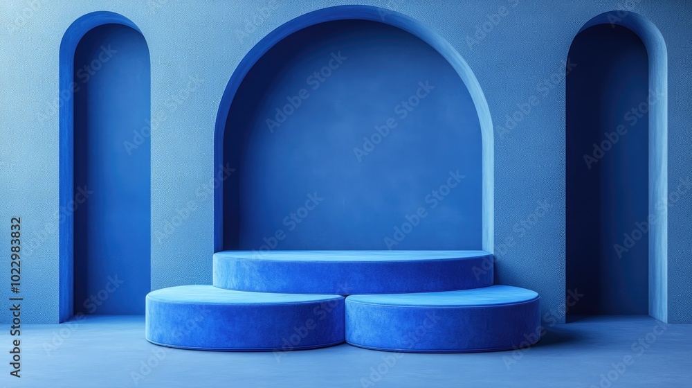 Blue product display stand or podium on advertising background with blank backdrops 3D rendering Blue product display stand or podium on advertising background with blank backdrops 3D rendering