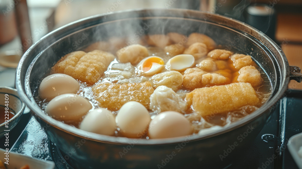 Steaming pot of oden Japanese winter comfort food Steaming pot of oden Japanese winter comfort food