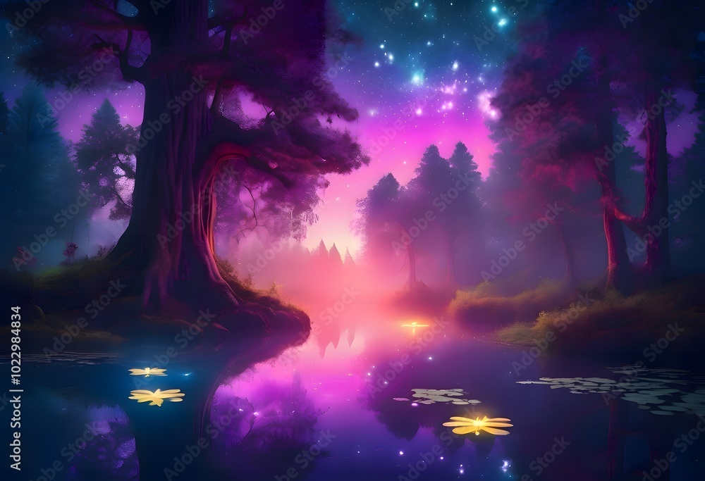 Fototapeta premium Enchanting Forest at Twilight Beneath Radiant Sky