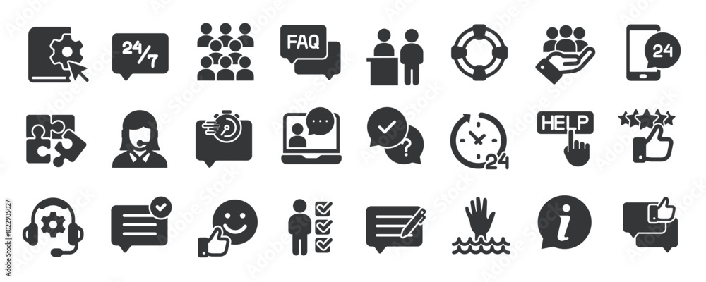 Customer support glyph solid icons collection. Containing help, call center, service, care, assistant . Minimal icon and symbol series vector illustration Customer support glyph solid icons collection. Containing help, call center, service, care, assistant . Minimal icon and symbol series vector illustration