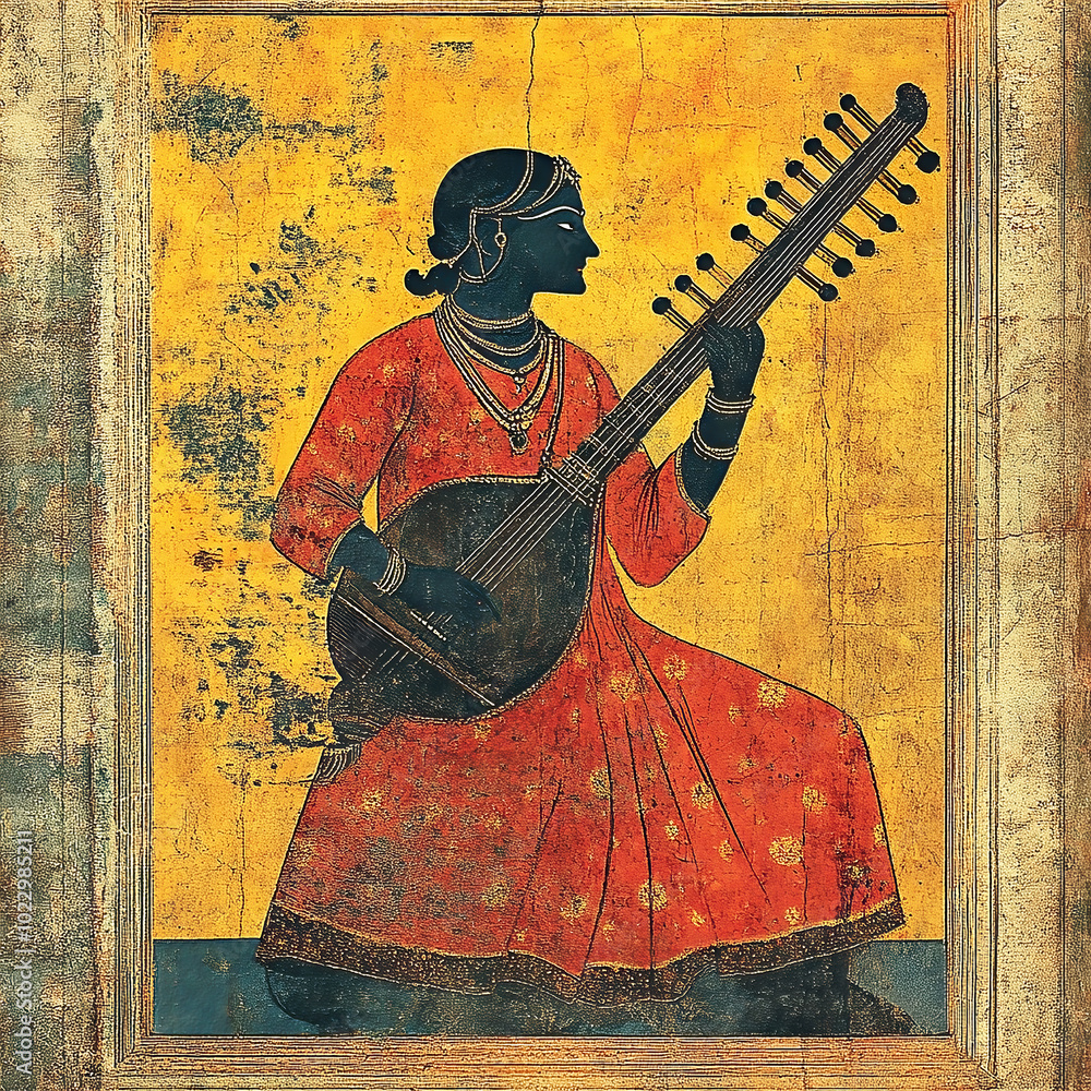 Fototapeta premium Simple traditional Madhubani Kalighat art from India of a musician with a sitar.