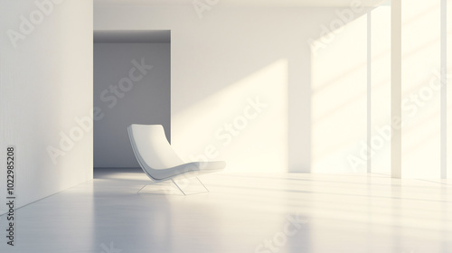 Single, elegant chair in a wide-open, white space with soft, diffuse lighting creating a peaceful atmosphere