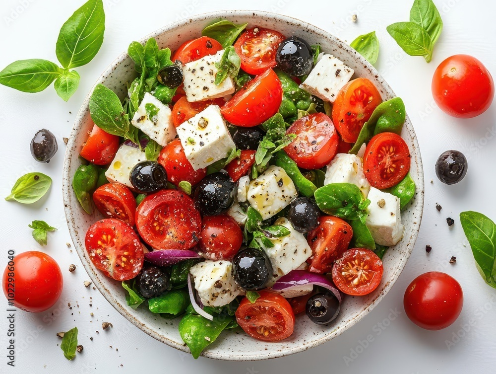 a vibrant greek salad is artfully arranged on a crisp white background, showcasing the colorful medley of fresh ingredients that embody healthy eating and mediterranean cuisine a vibrant greek salad is artfully arranged on a crisp white background, showcasing the colorful medley of fresh ingredients that embody healthy eating and mediterranean cuisine