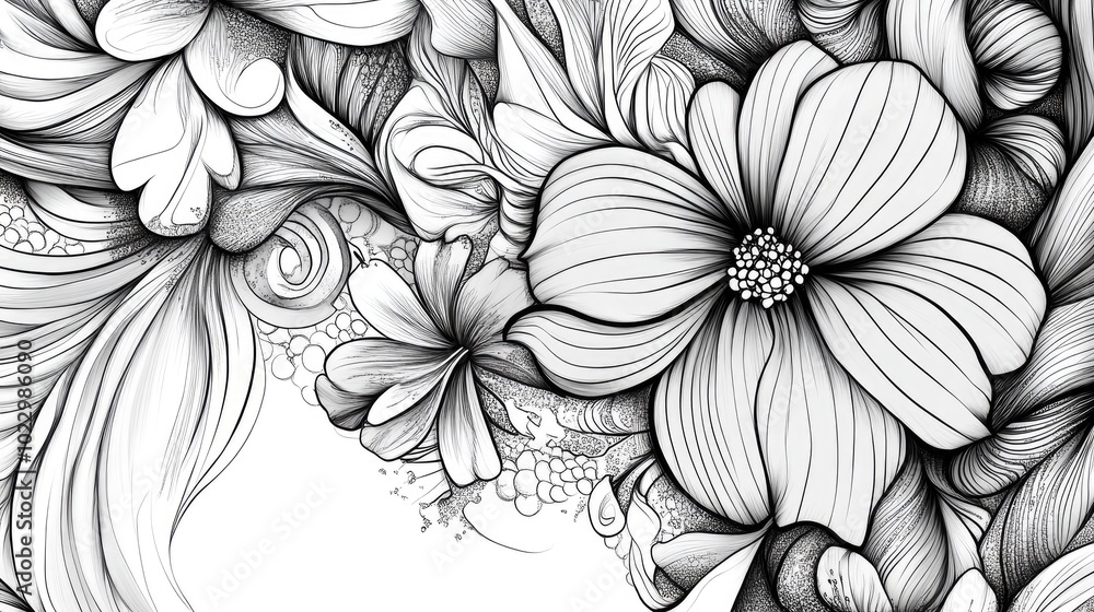 Abstract floral design featuring fantasy blooms monochrome sketches and intricate doodle like plant illustrations Abstract floral design featuring fantasy blooms monochrome sketches and intricate doodle like plant illustrations