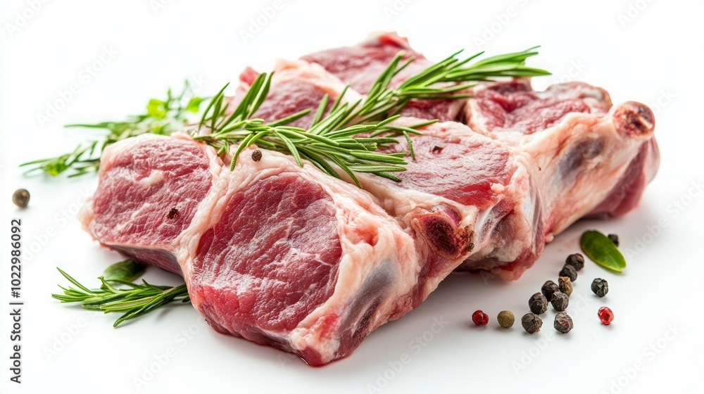 Raw lamb chops with rosemary and peppercorns on a white background. Raw lamb chops with rosemary and peppercorns on a white background.