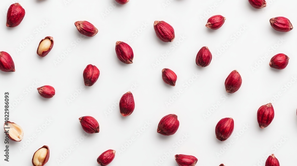 Red peanut seeds scattered on white background. Red peanut seeds scattered on white background.