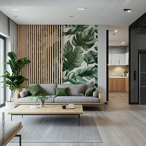 Scandinavian interior design of modern living room. An elegant living room designed in a modern style, featuring minimalist furniture and a stunning leaf-patterned wallpaper. 