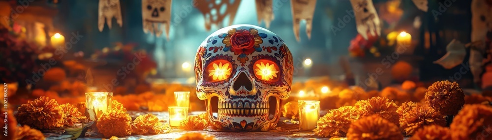 A vibrant sugar skull adorned with flowers, candles, and marigolds, capturing the essence of Day of the Dead celebrations. A vibrant sugar skull adorned with flowers, candles, and marigolds, capturing the essence of Day of the Dead celebrations.
