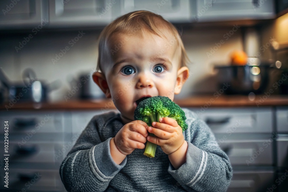 Healthy baby food. The first meal. Feeding the baby. A cute kid tastes broccoli. Fresh vegetables and fruits. Healthy baby food. The first meal. Feeding the baby. A cute kid tastes broccoli. Fresh vegetables and fruits.