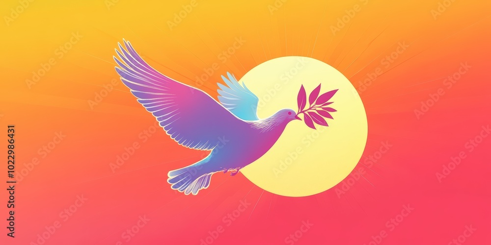 Naklejka premium Dove with olive branch flying into sun.