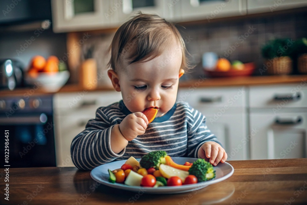 Healthy baby food. The first meal. Feeding the baby. A cute kid tastes fresh vegetables. Healthy baby food. The first meal. Feeding the baby. A cute kid tastes fresh vegetables.