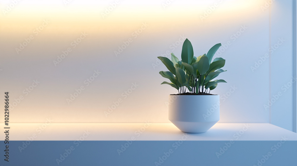Single indoor plant in a minimal, geometric pot on a sleek, white shelf. Crisp lines and soft lighting enhance the ultra-minimal aesthetic Single indoor plant in a minimal, geometric pot on a sleek, white shelf. Crisp lines and soft lighting enhance the ultra-minimal aesthetic