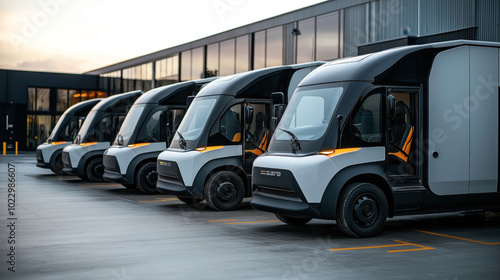 Row of modern electric delivery vans parked outside a warehouse or distribution center during the evening.