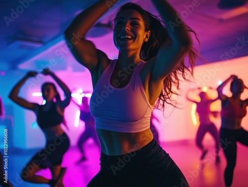 Energetic Dance Fitness Class with Neon Lighting 