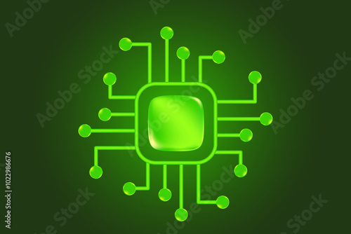 Green AI technology glowing 3D chip icon, isolated, transparent background. Futuristic processor, digital connection, computer CPU, artificial intelligence network.