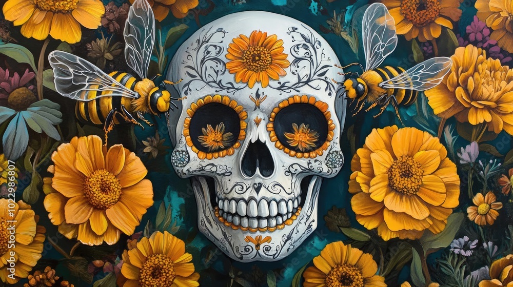 A vibrant sugar skull adorned with flowers and bees, symbolizing life and death in a colorful celebration of culture. A vibrant sugar skull adorned with flowers and bees, symbolizing life and death in a colorful celebration of culture.