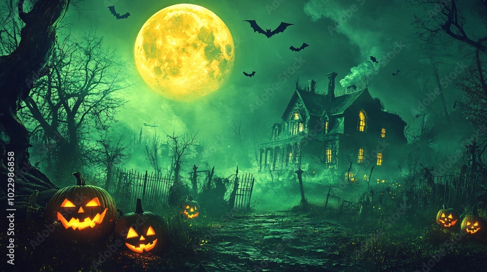 A spooky Halloween scene featuring a haunted house, glowing pumpkins, a full moon, and flying bats under an eerie green sky. A spooky Halloween scene featuring a haunted house, glowing pumpkins, a full moon, and flying bats under an eerie green sky.