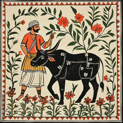 Traditional madhubani kalighat from India illustration of a farmer and his cow. photo