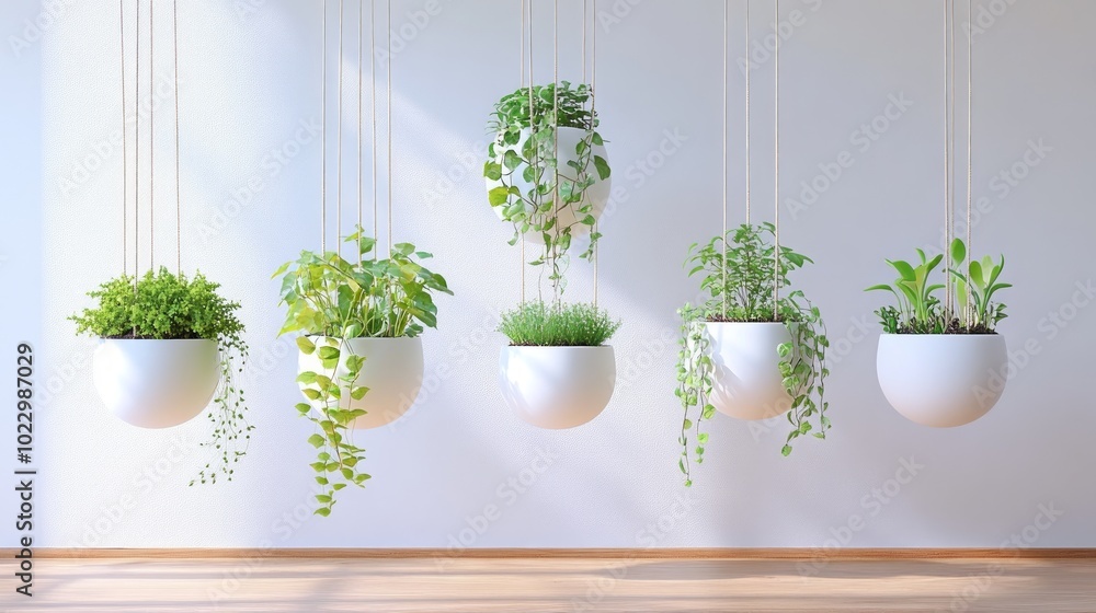 Six white hanging planters with various green plants against a white wall with wooden floor. Six white hanging planters with various green plants against a white wall with wooden floor.