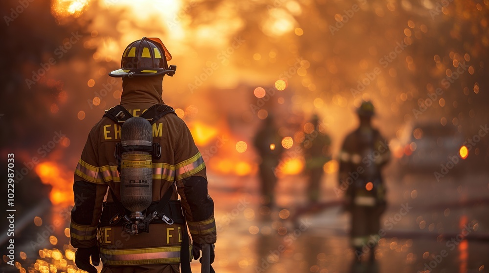 Fire. Emergency service. Professional firefighter extinguishes a fire. Concept of fire and industrial safety. Rescuers.
Fire. Emergency service. Professional firefighter extinguishes a fire. Concept of fire and industrial safety. Rescuers.