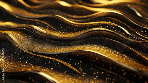 3D golden wave flow lines and shimmering glitter on a dark backdrop Elegant wavy golden patterns radiate with sprays and sparkles creating a contemporary decorative liquid design