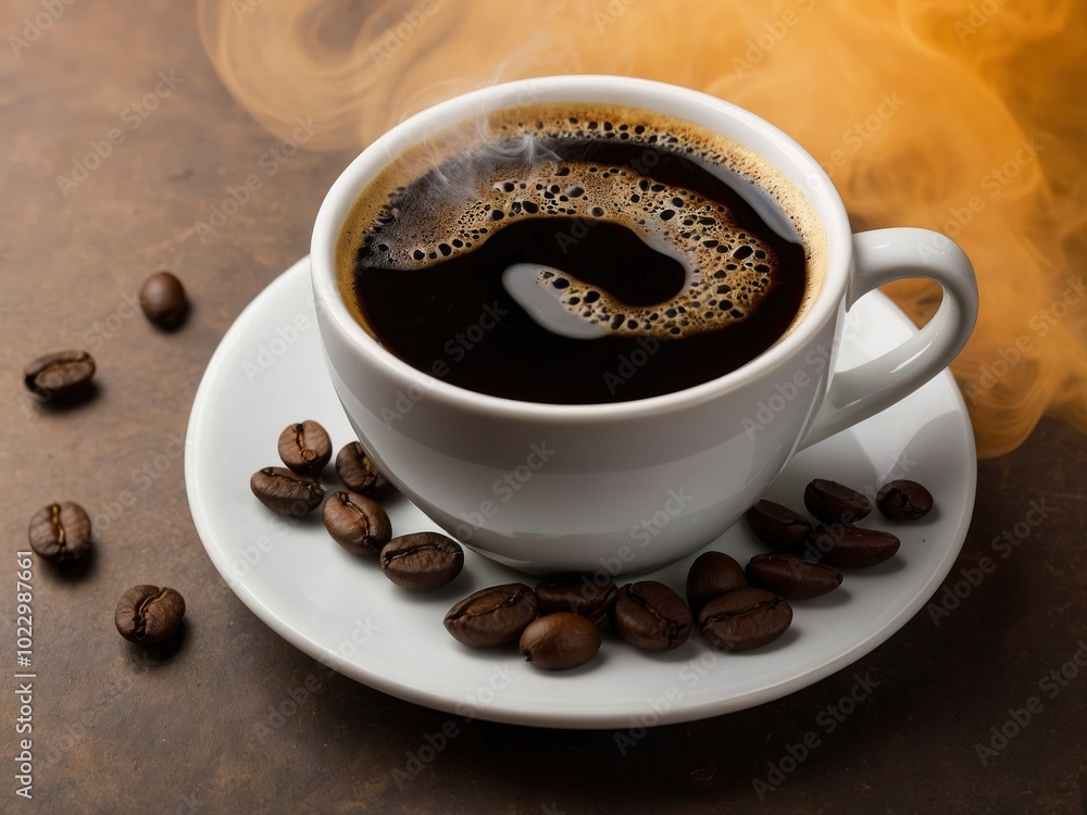 Black coffee in white cup with smoke and coffee beans on colored background. Hot coffee with steam and beans Black coffee in white cup with smoke and coffee beans on colored background. Hot coffee with steam and beans