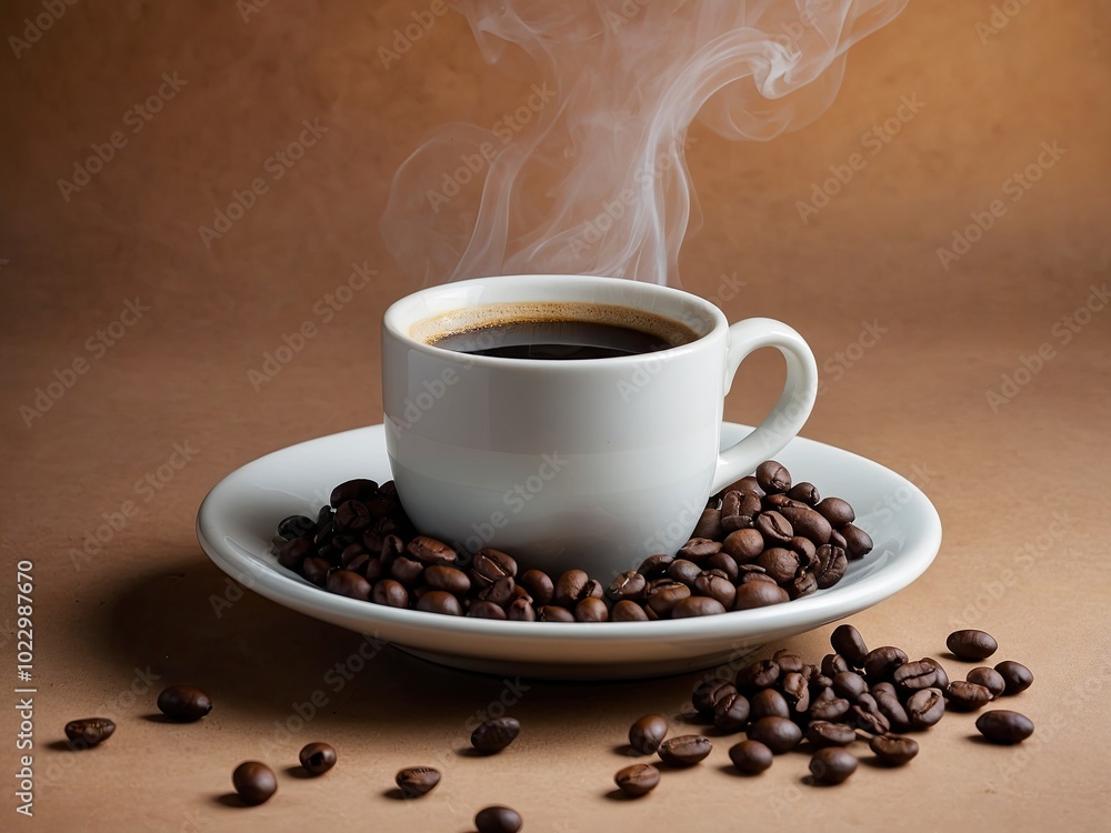 Black coffee in white cup with smoke and coffee beans on colored background. Steaming coffee in white cup