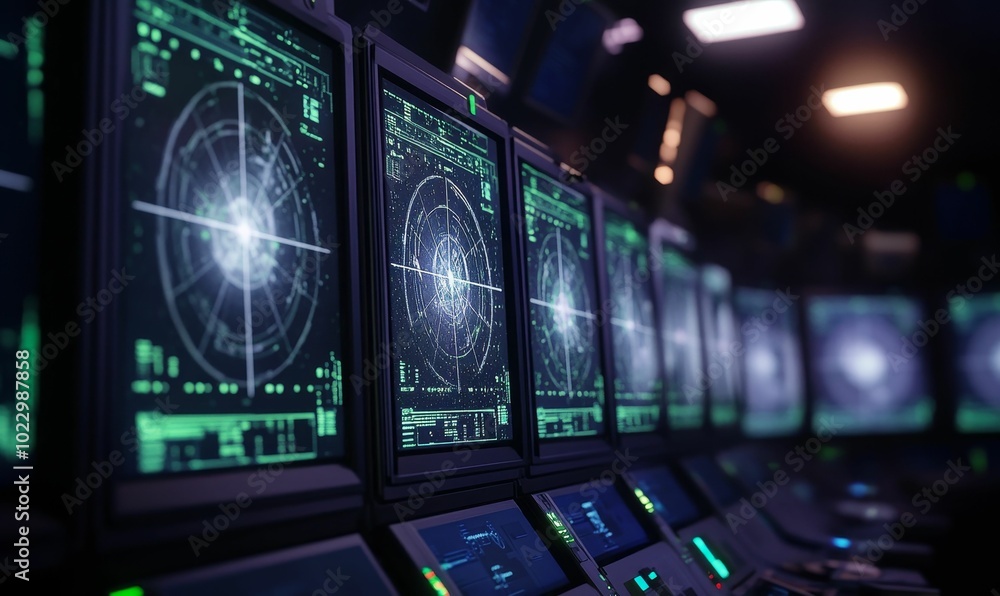 Obraz premium Multiple monitors displaying radar screens.