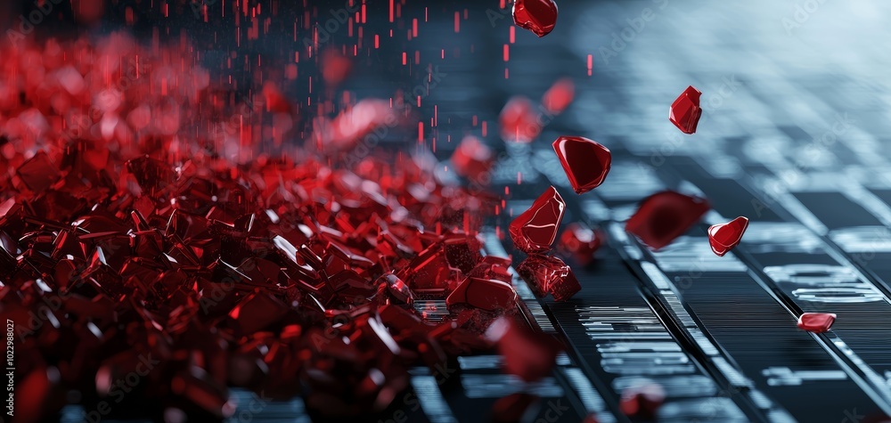 A shattered stock ticker board with red numbers falling like rain, symbolizing a market crash A shattered stock ticker board with red numbers falling like rain, symbolizing a market crash