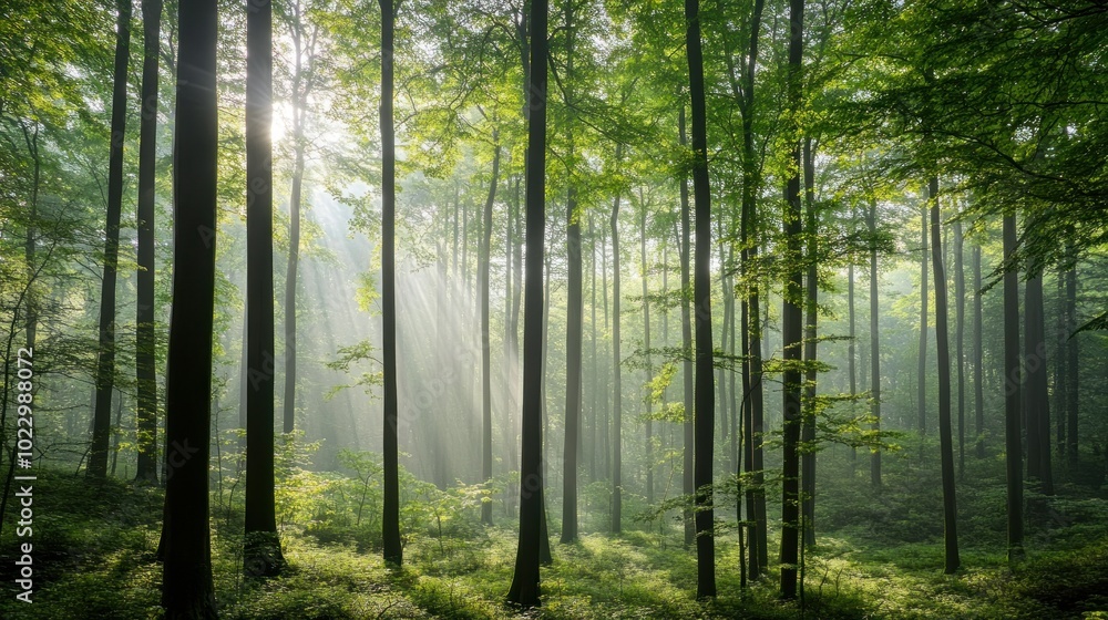 Sunbeams Streaming Through a Foggy Forest Sunbeams Streaming Through a Foggy Forest
