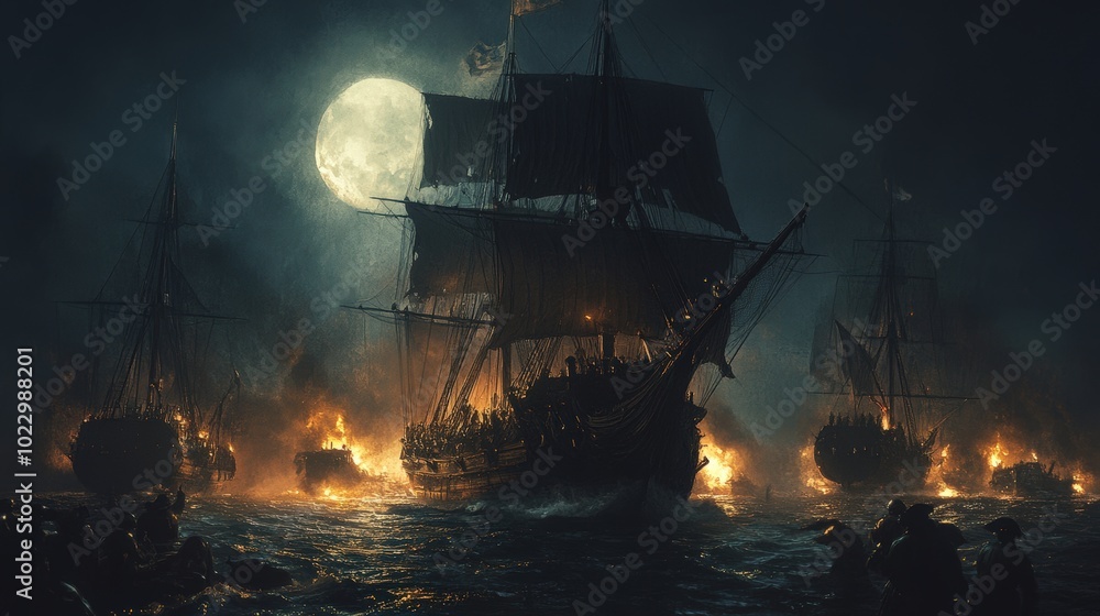 Obraz premium Ships ablaze in a moonlit sea battle.