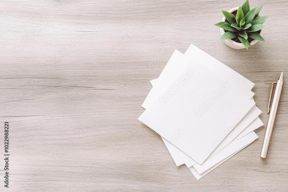 Minimalist Workspace with Blank Paper Sheets, Pen, and Green Plant on Wooden Table Minimalist Workspace with Blank Paper Sheets, Pen, and Green Plant on Wooden Table