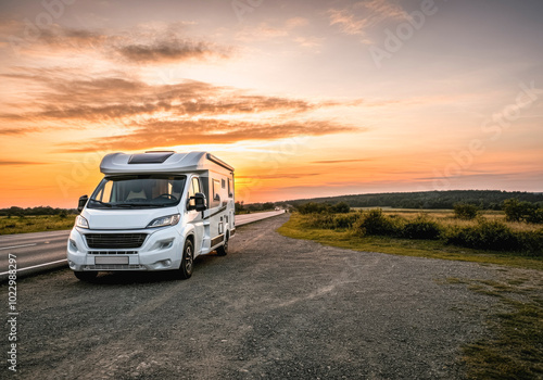 Road trip adventure at sunset with camper van on scenic highway