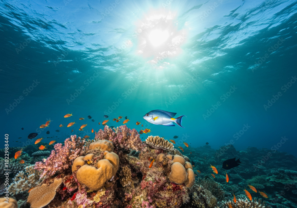 Obraz premium Vibrant underwater scene with coral reef and fish in sunlit ocean