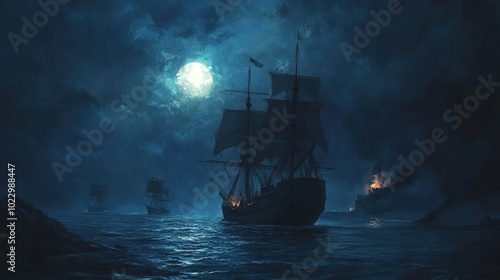 Ships sailing on a moonlit sea.