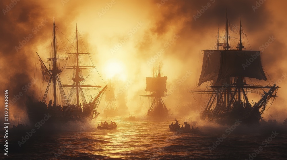 Silhouettes of ships at sea in fog. Silhouettes of ships at sea in fog.