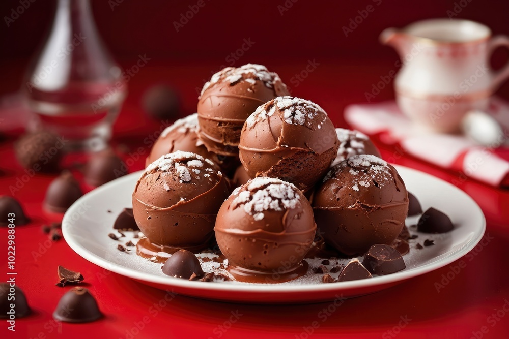 Chocolat ice cream balls in nice plate on red background. Rich chocolate ice cream on red plate Chocolat ice cream balls in nice plate on red background. Rich chocolate ice cream on red plate