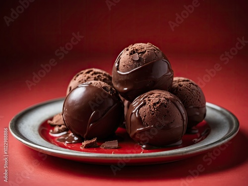 Chocolat ice cream balls in nice plate on red background. Chocolate ice cream on vibrant red