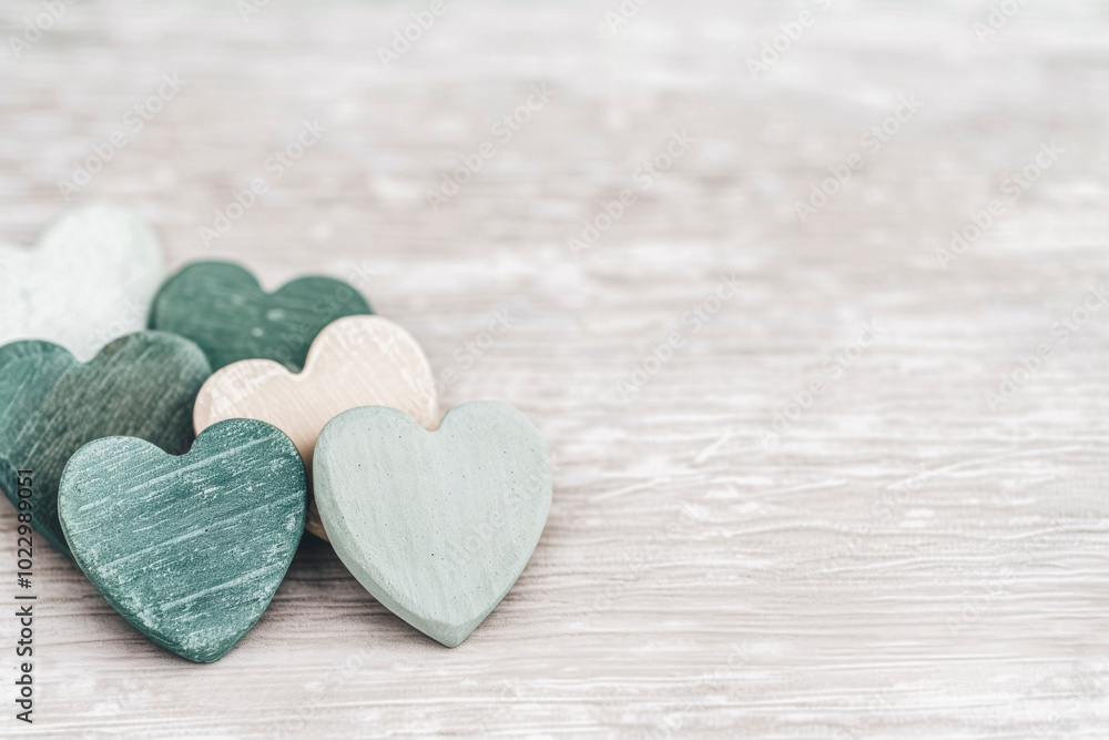 Fototapeta premium Pastel Colored Wooden Hearts Lined Up on Rustic Background for Creative Love Concepts
