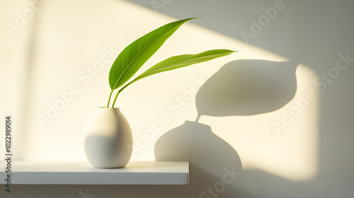 Single minimalist vase with a tall green leaf on a white shelf, no other objects or decor in the frame, illuminated by indirect sunlight