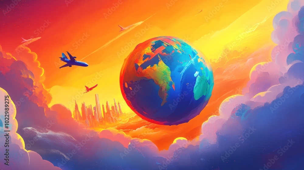 Naklejka premium A vibrant depiction of Earth surrounded by clouds and aircraft, symbolizing travel and exploration.