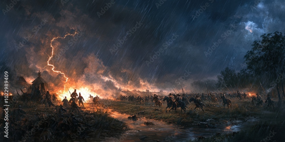 Rainy battle scene with lightning and fire. Rainy battle scene with lightning and fire.