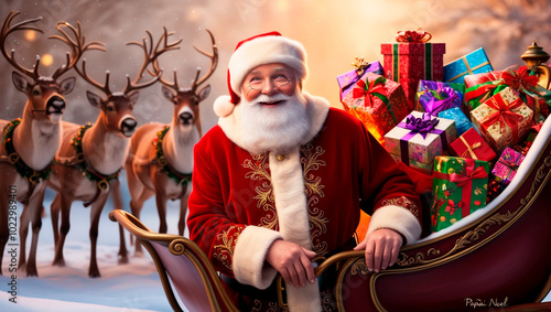 traditional Santa Claus sitting in his sleigh and his reindeer in the snow photo