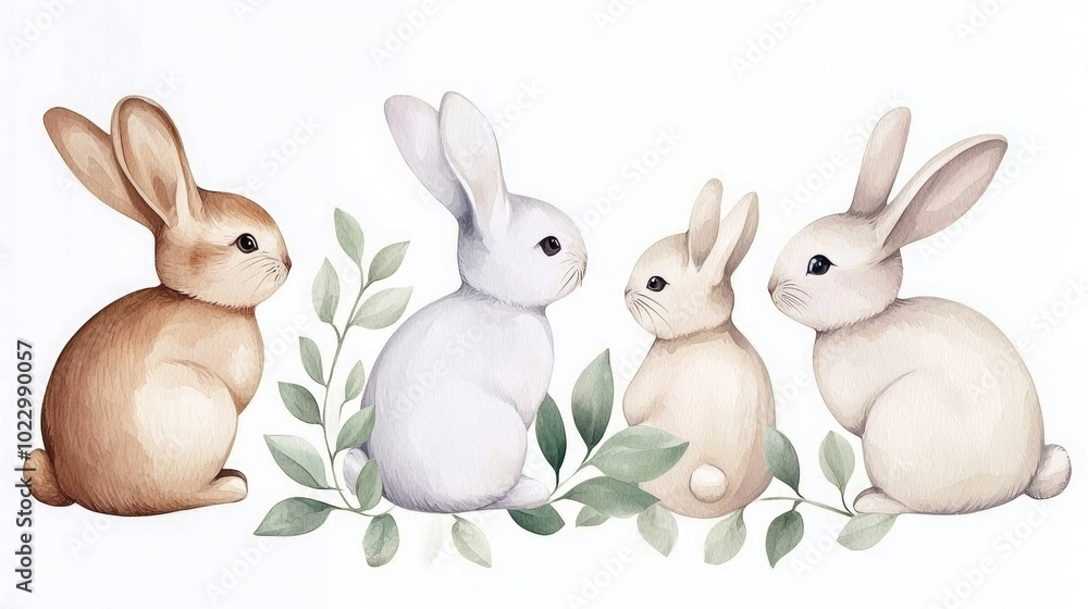 Four adorable rabbits surrounded by greenery in a charming watercolor style on a white background. Four adorable rabbits surrounded by greenery in a charming watercolor style on a white background.