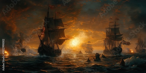 Ships at sunset during a naval battle.