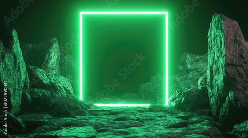 3D render of an abstract neon green background featuring a glowing square frame and cobblestone rock ruins Scene designed for product display platform photo