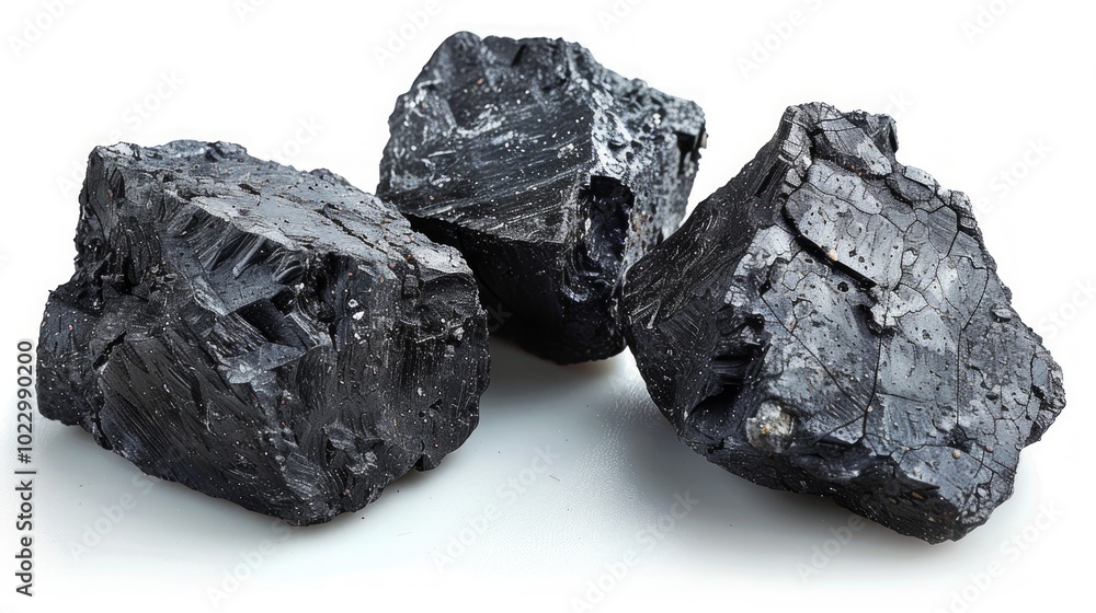 Three pieces of black coal isolated on white background. Three pieces of black coal isolated on white background.