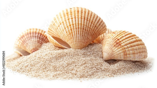 Three seashells resting on a pile of white sand, isolated on white background.