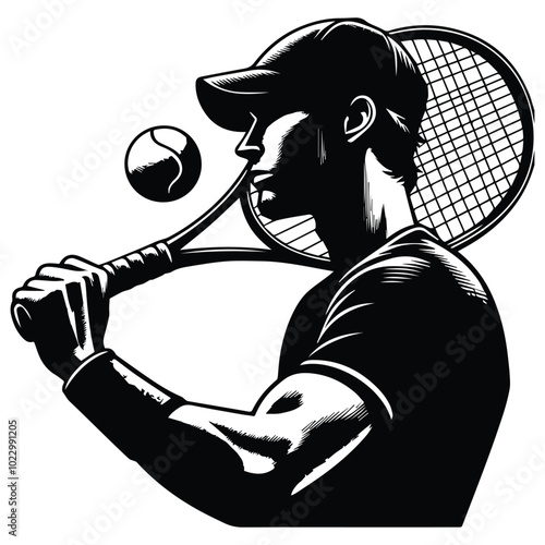 Tennis player silhouette in vector format, offered for $1 credit, showcasing dynamic athleticism